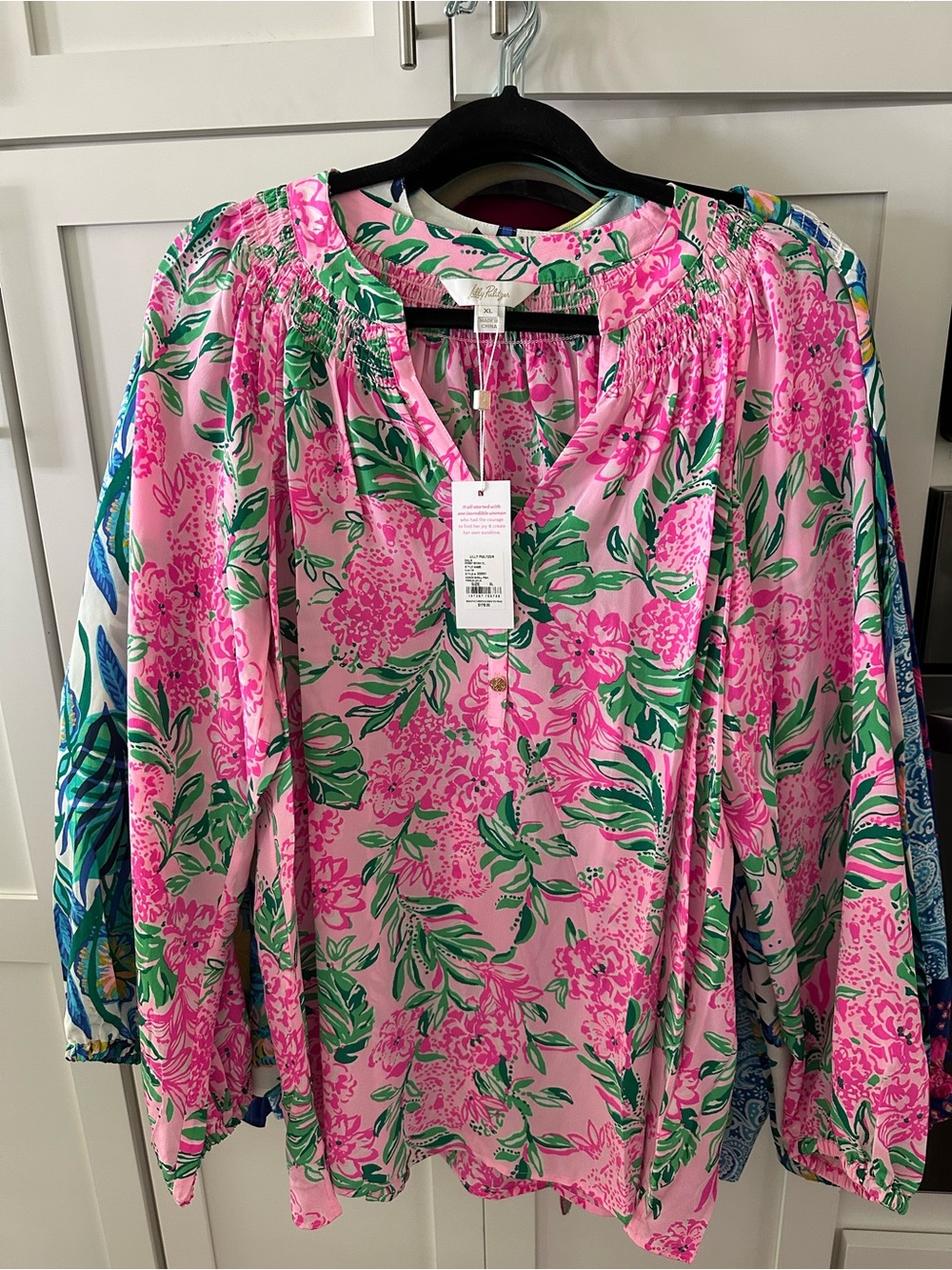 Lilly Pulitzer Pink Floral Peasant Blouse with Green Leaves